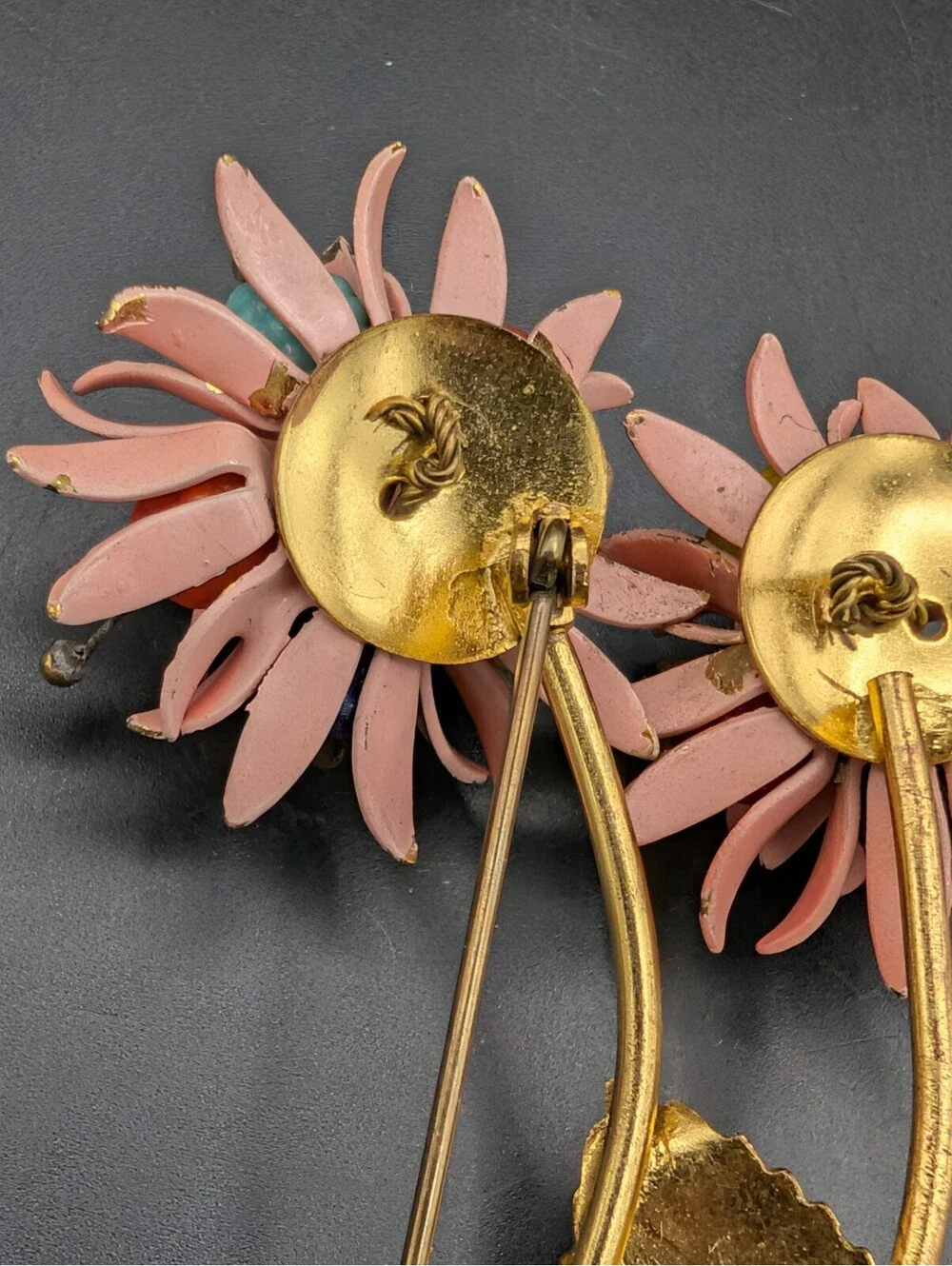 Vintage 1950s Pink Enamel Flower Brooch Hand Wired Molded Glass Bead Cluster